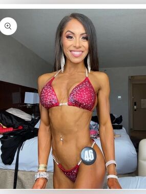 Toxic Angelz IFBB OCB NPC Bikini Bodybuilding Suit Holo Red Toxic Burst